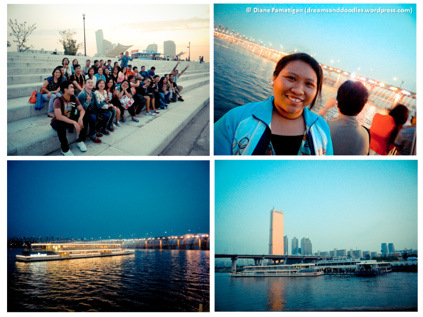 Han River Cruise: (From top left) Bus mates group picture; Me at the Han River Cruise; Night view of the cruise; Yeouido business district